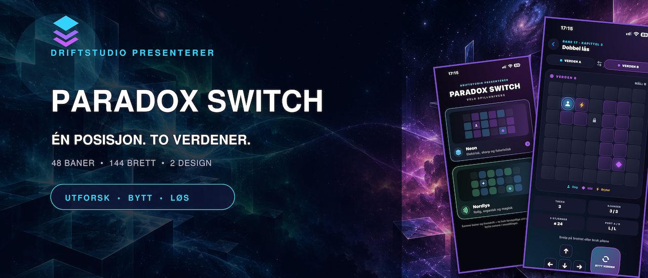 Paradox Switch – én posisjon, to verdener. Spillskjermene viser valg mellom Neon og Nordlys og et brett i verden B.
