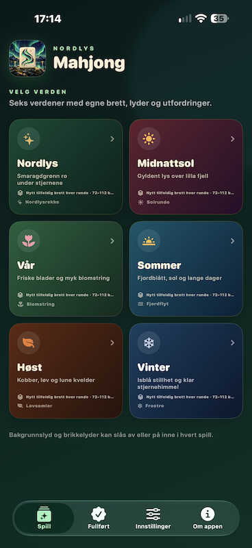 Startskjermen viser de seks verdenene i Nordlys Mahjong